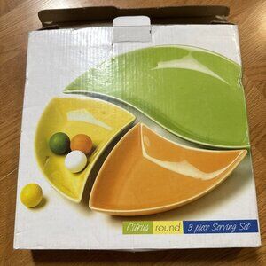 Vintage Citrus Round 3 Piece Ceramic Serving Set Green, Orange, Yellow